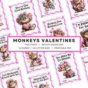 May include: A collection of pink Valentine's Day cards featuring cartoon monkeys. Each card has a unique design with phrases like "You're One Cool Monkey" and "Monkey See, Monkey Love." The cards are US letter size and printable.