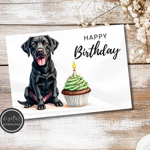 Carte de joyeux anniversaire - carte d'anniversaire imprimable avec un labrador noir et un petit gâteau - téléchargement numérique - carte imprimable à télécharger