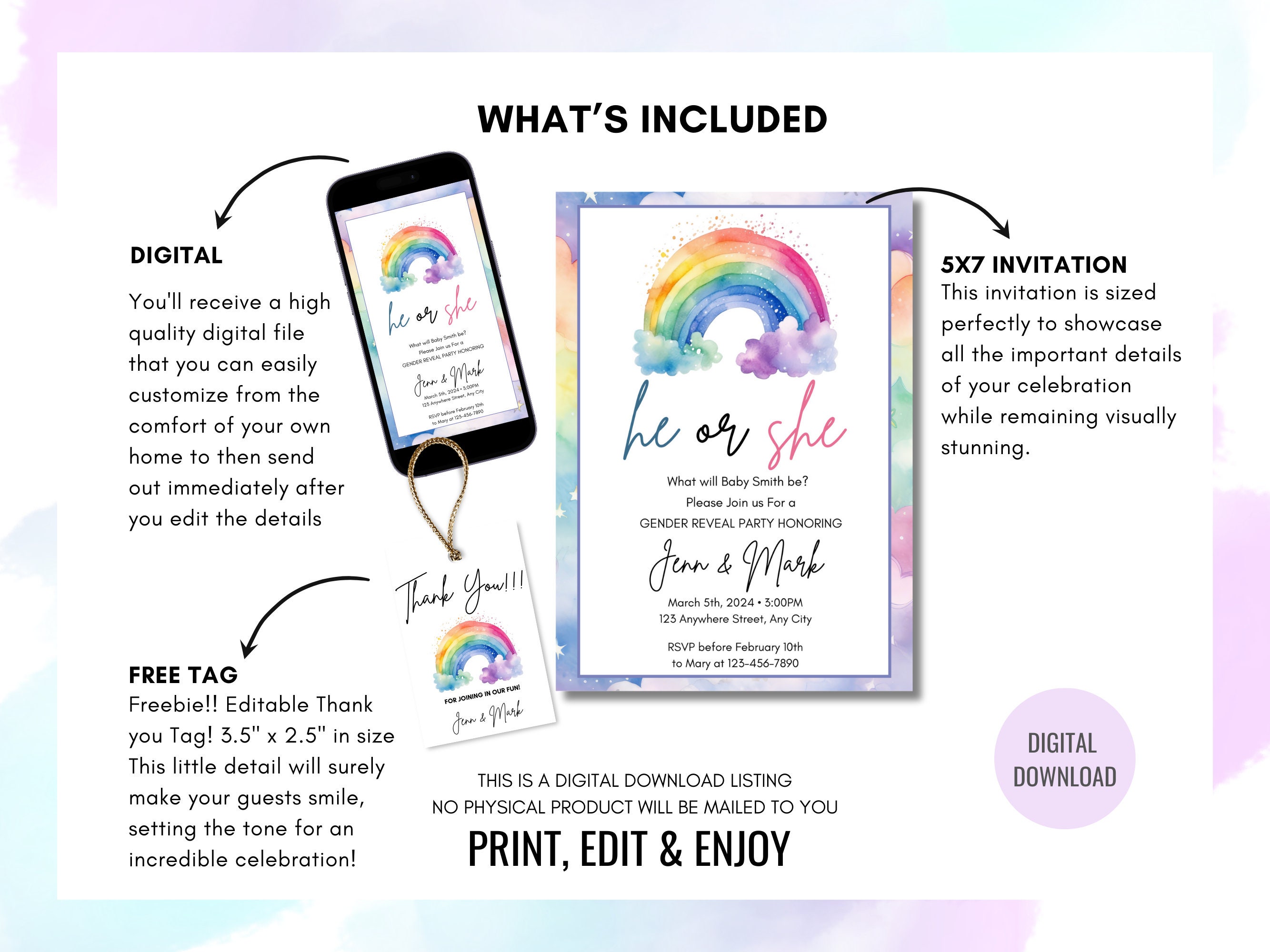 Rainbow Gender Reveal Invitation Template Baby Gender Party Invitation ...