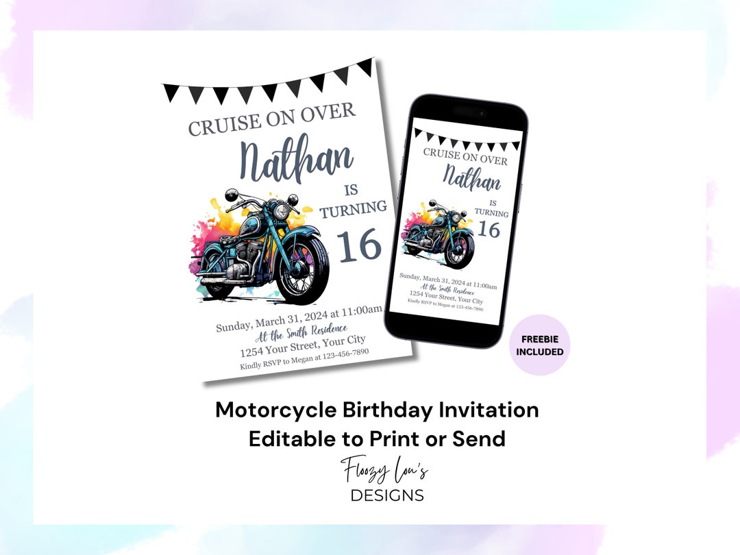Motorcycle Birthday Party Invitation Editable Motorcycle Invite ...