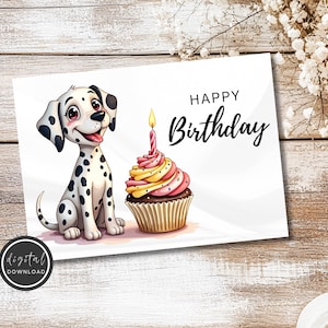 Biglietto di auguri di buon compleanno - Biglietto di auguri stampabile con un cane dalmata e un cupcake - Download DIGITALE - Scarica il biglietto stampabile