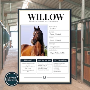 May include: A rectangular horse information sign with a dark blue border and gold trim. It features a photograph of a brown horse, fields for owner, rider, and trainer names, and sections for feeding instructions, special notes, and contact details.