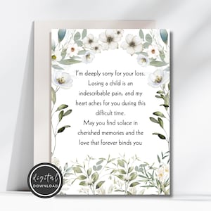 Carte de sympathie à imprimer pour la perte d'un enfant Carte de condoléances florale pour la mère ou le père Carte de deuil pour la famille