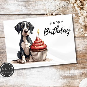 Tarjeta de feliz cumpleaños - Tarjeta de cumpleaños imprimible con un cachorro de gran danés y un cupcake - Descarga digital - Descarga de tarjeta imprimible