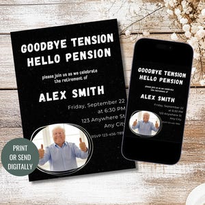 Goodbye Tension Hello Pension Retirement Party Invitation for him Custom Printable Invitation Digital Invitation Editable Template Download
