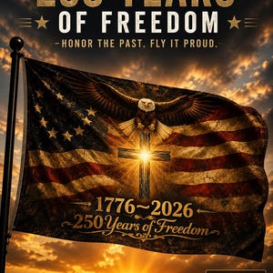 May include: A rectangular flag featuring a distressed American flag design with a central bald eagle and a glowing cross. Text reads 250 YEARS OF FREEDOM, HONOR THE PAST. FLY IT PROUD., 1776-2026, 250 Years of Freedom, and 3x5 FT PREMIUM FLAG.