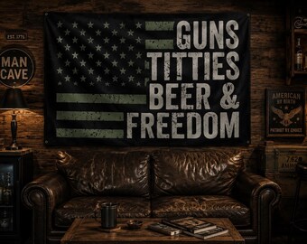 Guns Titties Beer & Freedom Flag, Biker Flag, Garage Banner, Patriotic Decor
