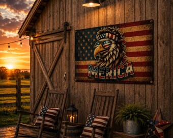 Distressed Eagle MERICA Wall Flag, Vintage American Garage Decor Banner