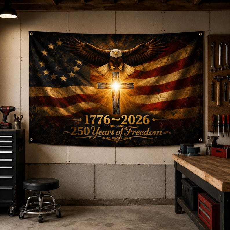 May include: A rectangular wall tapestry featuring a vintage American flag with a circle of thirteen stars, a central glowing wooden cross, and a bald eagle with wings spread. The text reads 1776-2026 and 250 Years of Freedom in gold lettering.