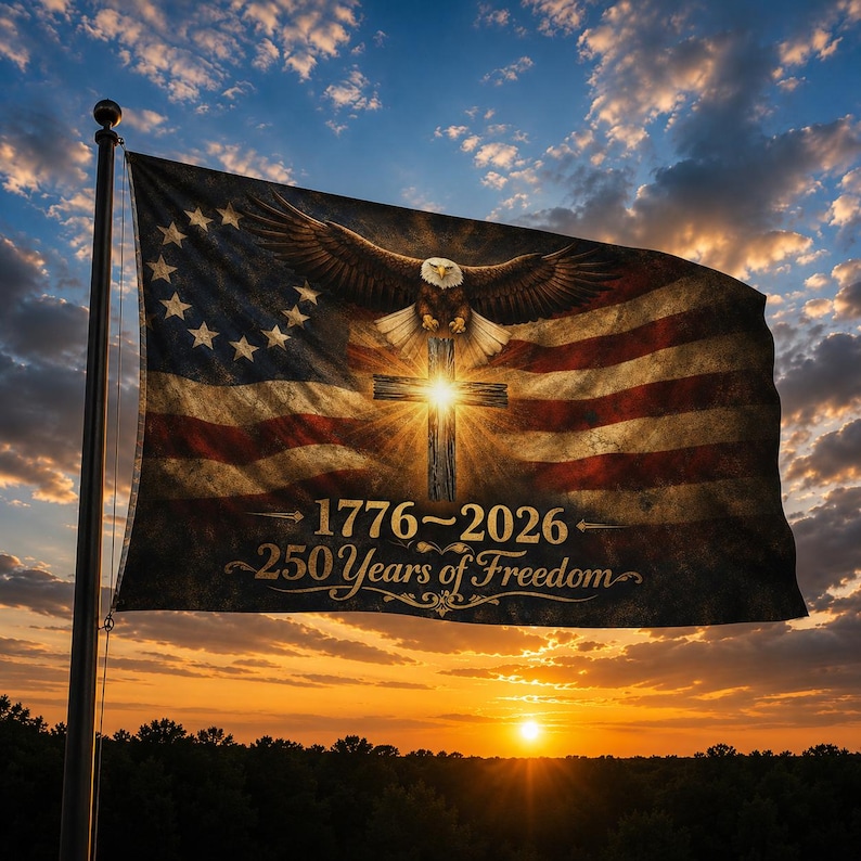 May include: A rectangular flag featuring a historical American design with a circle of stars, a bald eagle with wings spread, and a glowing cross. The text 1776-2026 and 250 Years of Freedom is printed in gold script on the dark, weathered fabric.