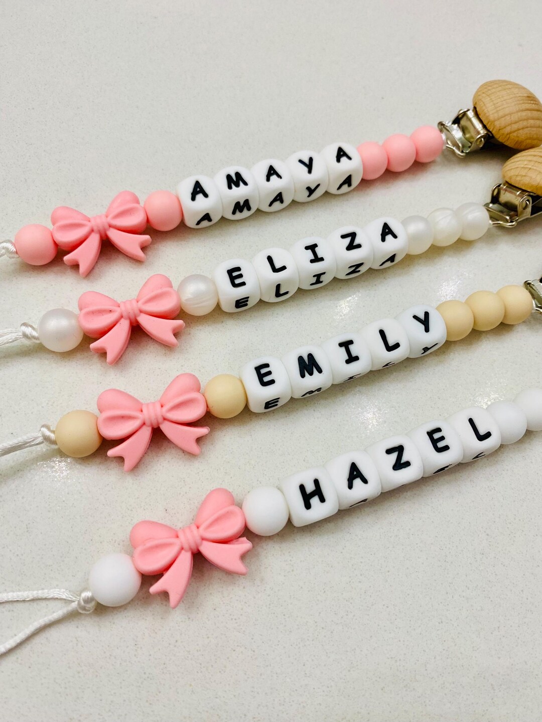 Pink Bow Personalized Pacifier Clip With White Letter Beads - Etsy