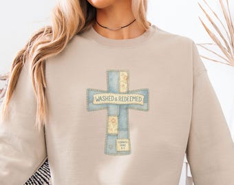 Christian Faux Patchwork Cross Sweatshirt | Bible Verse Faith Crewneck Sweater | Jesus Hoodie