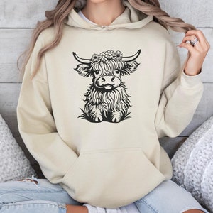 Cute Highland Cow Hoodie, Floral Highland Cow Sweatshirt, Winter Sweater, Fall Sweater, Sunflower Hoodie, Floral Highland Cow Gift for Her