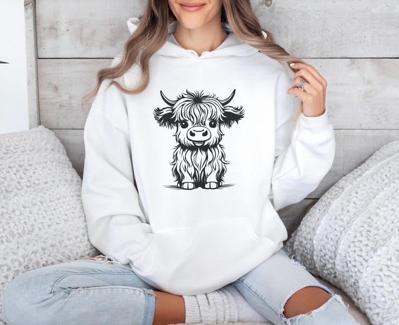Felpa con cappuccio a forma di mucca delle Highlands, felpa con mucca delle Highlands, maglione invernale, maglione autunnale, felpa con cappuccio a forma di girasole, regalo a tema mucca delle Highlands, cucciolo di toro delle Highlands White