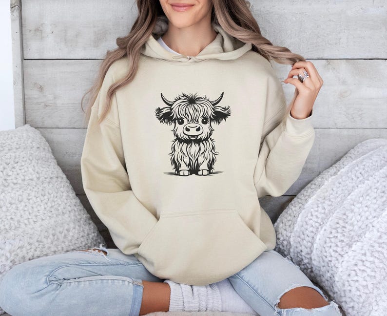 Felpa con cappuccio a forma di mucca delle Highlands, felpa con mucca delle Highlands, maglione invernale, maglione autunnale, felpa con cappuccio a forma di girasole, regalo a tema mucca delle Highlands, cucciolo di toro delle Highlands Sand