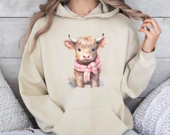 Leuke hoodie met Schotse hooglandkoe, sweatshirt met Schotse hooglandkoe, wintertrui, herfsttrui, roze hoodie met Schotse hooglandkoe voor de winter, baby Schotse hooglandkoe