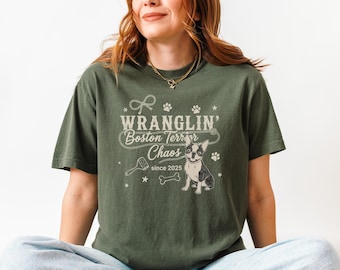 Personalized Boston Terrier Comfort Colors® Shirt: Vintage Western Dog Mom Dad Graphic Tee