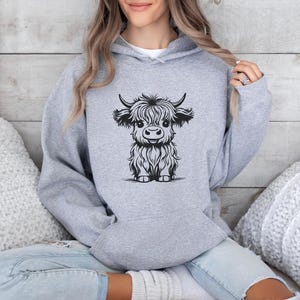 Felpa con cappuccio a forma di mucca delle Highlands, felpa con mucca delle Highlands, maglione invernale, maglione autunnale, felpa con cappuccio a forma di girasole, regalo a tema mucca delle Highlands, cucciolo di toro delle Highlands Sport Grey