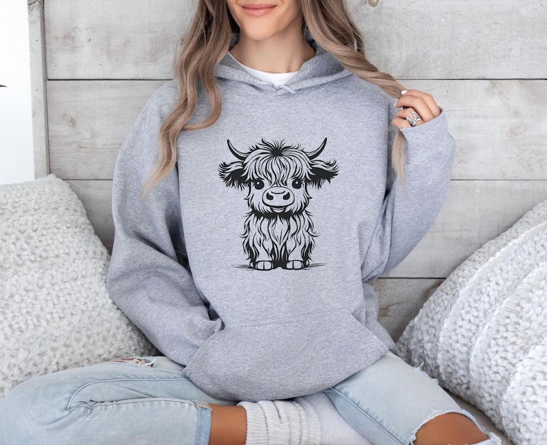 Felpa con cappuccio a forma di mucca delle Highlands, felpa con mucca delle Highlands, maglione invernale, maglione autunnale, felpa con cappuccio a forma di girasole, regalo a tema mucca delle Highlands, cucciolo di toro delle Highlands Sport Grey