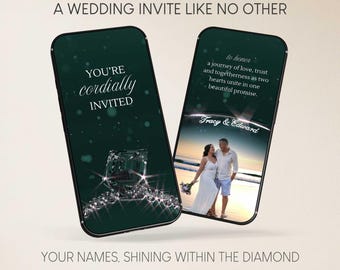 Vidéo d'invitation de mariage animée vert émeraude, rendez-vous numérique de luxe personnalisé numérique