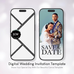 Modèle numérique "Retenez la date", Evite vidéo "Retenez cette date", modèle de faire-part de mariage sur toile, Invitation "Retenez cette date" avec enveloppe à paillettes noires