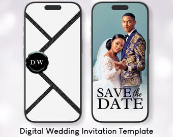 Digital Save The Date Template, Save The Date Video Evite, Wedding Invitation Template Canva,Black Glitter Envelope Save The Date Invitation