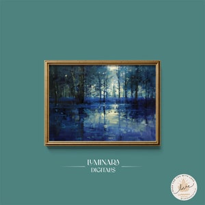 Arte digital de parede, pintura ao luar da floresta Bluebell - Cena da natureza encantada - Decoração de arte de parede - Impressão artística
