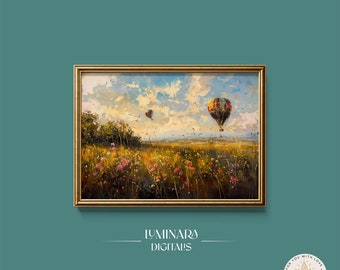 デジタル ウォール アート、穏やかな夕暮れの草原の熱気球デジタル プリント - 美的ウォール アート - 装飾