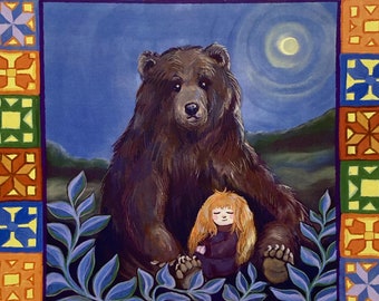 Sweetpea & Bear Art Print: Whimsical Cottagecore Fall Illustration