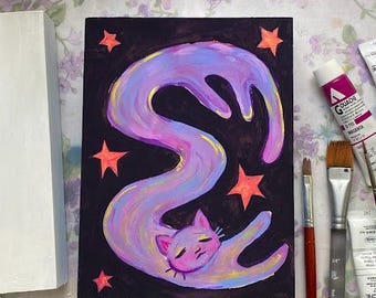 Whimsical Cat Gouache Print: Fairycore Celestial Artwork