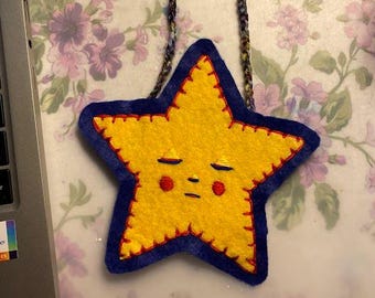 Handmade Sleepy Star Felt Ornament: Whimsical Cottagecore Decor