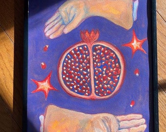 Persephone Painting: Gothic Pomegranate Gouache Art (9x12 Framed)