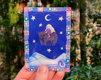 Sweetpea & Bear Blue Quilt Sticker: Cottagecore Art, Waterproof Vinyl