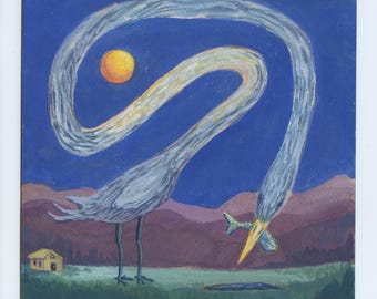 Blue Heron "July" Print - Gouache illustration, whimsy bird wall art | Riley Rose Studio