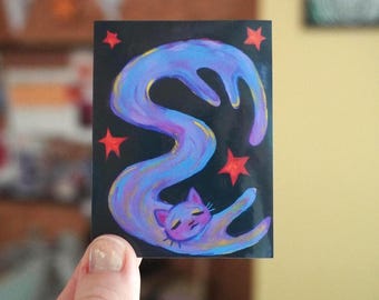 Celestial Cat Waterproof Sticker: Gouache Illustration, Cottagecore Art