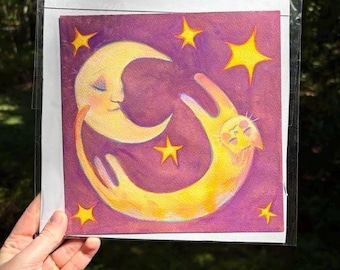 Original Painting "My Love and I" Gouache Artwork | Whimsy Celestial Cat Illustration, Wall Art