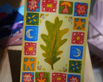 Folk Art White Oak Leaf Print: Whimsical Cottagecore Wall Decor