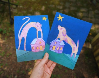 Cat and Dog Star Art Print Set: Whimsical Cottagecore Decor