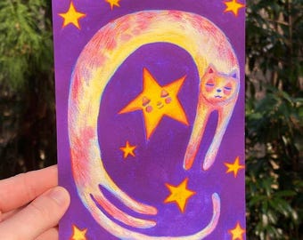 Space Cat Art Print: Whimsical Celestial Kitty Gouache Painting