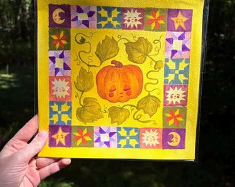Original Painting "November" Pumpkin Artwork | Autumn Wall Art, 9 x 9 inch