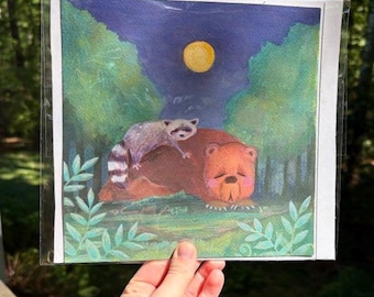 Original Gouache Painting "April" Raccoon and Bear Art | Whimsy Wall Decor, Nursey Gift