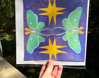 Original Gouache Painting "May" Luna Moth Star Artwork, 8 x8 inch Wall Art