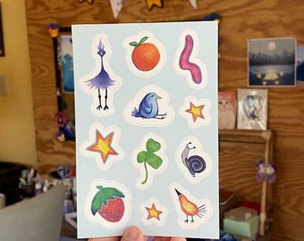 Birds and friends STICKER SHEET | Waterproof Vinyl, Whimsy stars, fruit, animal stickers