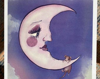 Impression d'art lune et souris Whimsigoth : décoration féerique Cottagecore