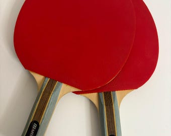 May include: Two red and black table tennis paddles with wooden handles. The handles have a blue and brown striped design and the text "Harvard" printed on them.