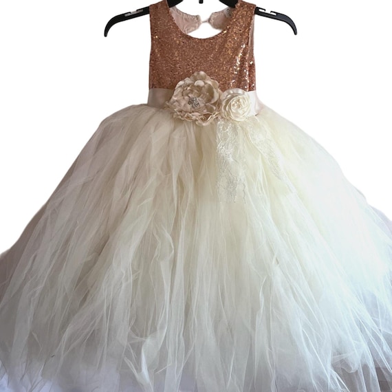 Rose Gold Sequin Flower Girl Dress, White Tulle, Size 8 Rose Gold Sequin Flower Girl Dress, White Tulle, Size 8