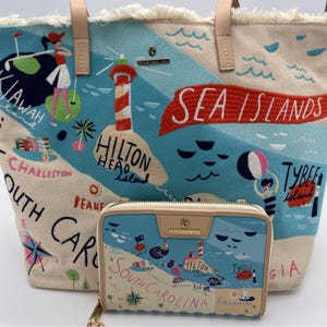 Conjunto de cartera y bolso de mano con flecos grandes bordados Sea Islands de Spartina 449 RARO