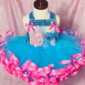 Stitch cartoon themed birthday overall ribbon trimmed tutu set ready to ship size 18-24m