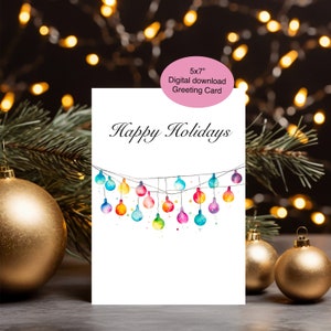 Happy holidays printable card, printable holidays card, digital happy holidays card, digital download, watercolour Christmas lights, fun zdjęcie 1