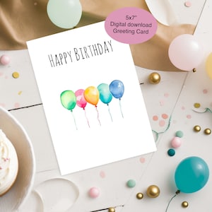 Carte imprimable joyeux anniversaire, carte d’anniversaire imprimable, carte d’anniversaire numérique, téléchargement instantané, ballons colorés, mignon, amusant, aquarelle